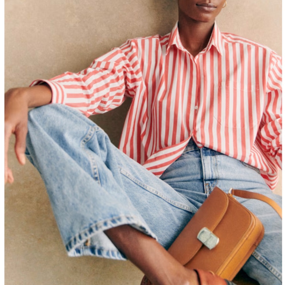 Sezane Coral and White Striped Button-Down Shirt - Picture 4 of 16
